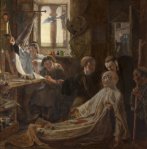 Bede finishes his Works and Life (One of a series of eight oil paintings illustrating the history of the English Border)by William Bell Scott (Edinburgh 1811 - Penkill Castle 1890)