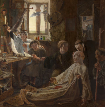 Bede finishes his Works and Life (One of a series of eight oil paintings illustrating the history of the English Border)by William Bell Scott (Edinburgh 1811 - Penkill Castle 1890)