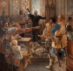 Bernard Gilpin making Peace among the Borders, takes down the Glove in Rothbury Church, circa 1570 (One of a series of eight oil paintings illustrating the history of the English Border) by William Bell Scott (Edinburgh 1811 - Penkill Castle 1890)